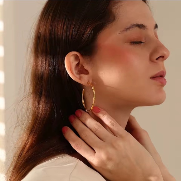 18K Gold Earrings Minimalist Hoops Stainless Steel - Picture 4 of 7